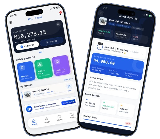 Flexpurse app showing a savings circle dashboard with member contributions and payout schedule